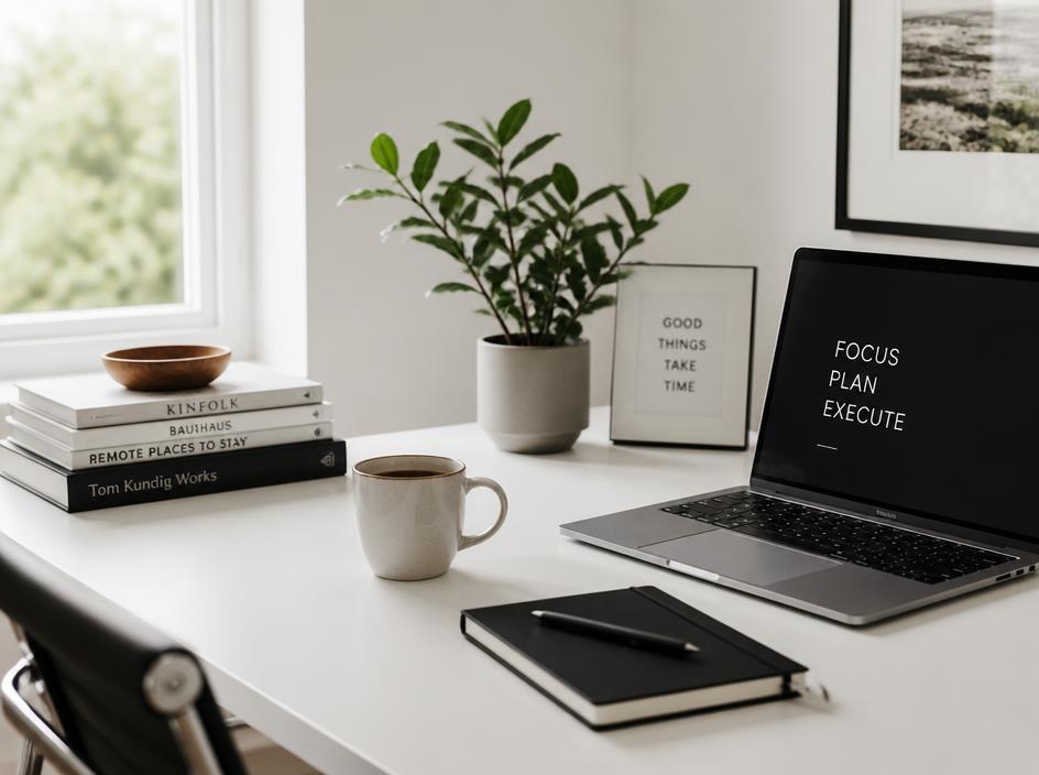 Bureau minimaliste avec tasse de café et carnet