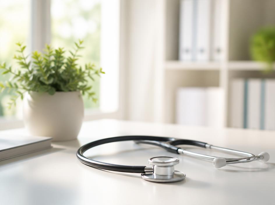 Stéthoscope posé sur une table blanche avec une plante
